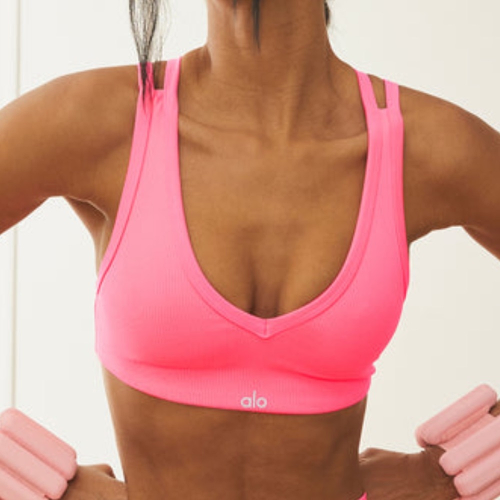 ALO Yoga Neon Pink Ribbed V-Neck Sports Bra
